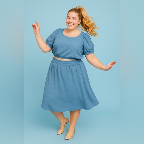 Torrid Mountain Spring Blue Midi Seersucker Smocked Crop Top & Skirt Set, NEW! - Picture 3 of 12